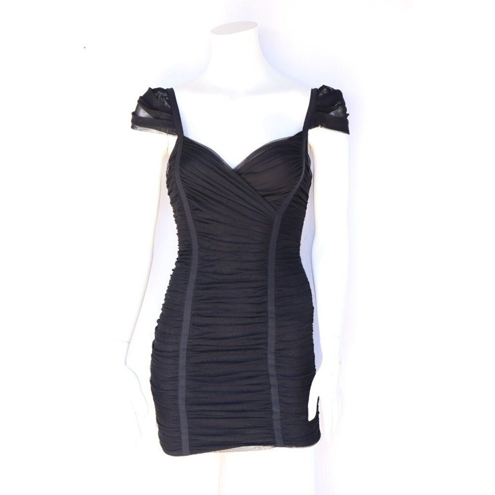 BCBCMAXAZRIA Women’s Size XXS Black Bodycon Mesh Cap Sleeve Ruched Mini